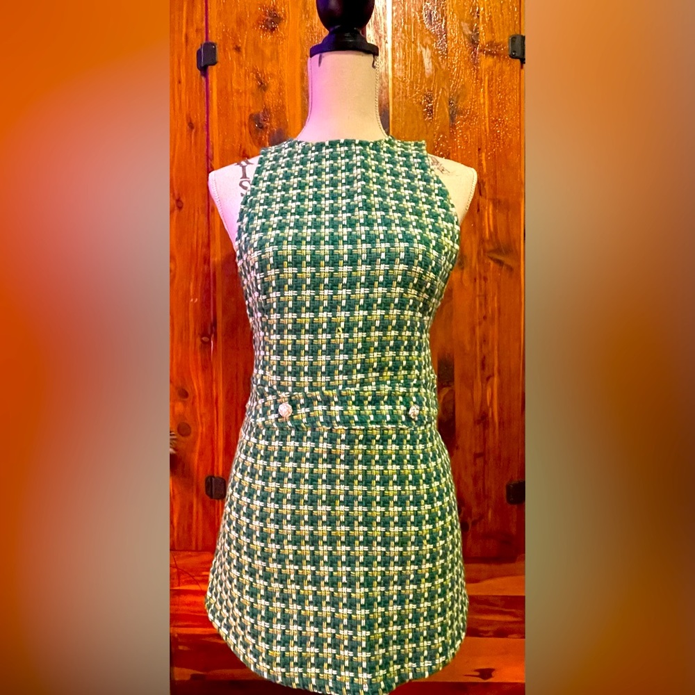Sz XS Green Houndstooth bodycon mini dress